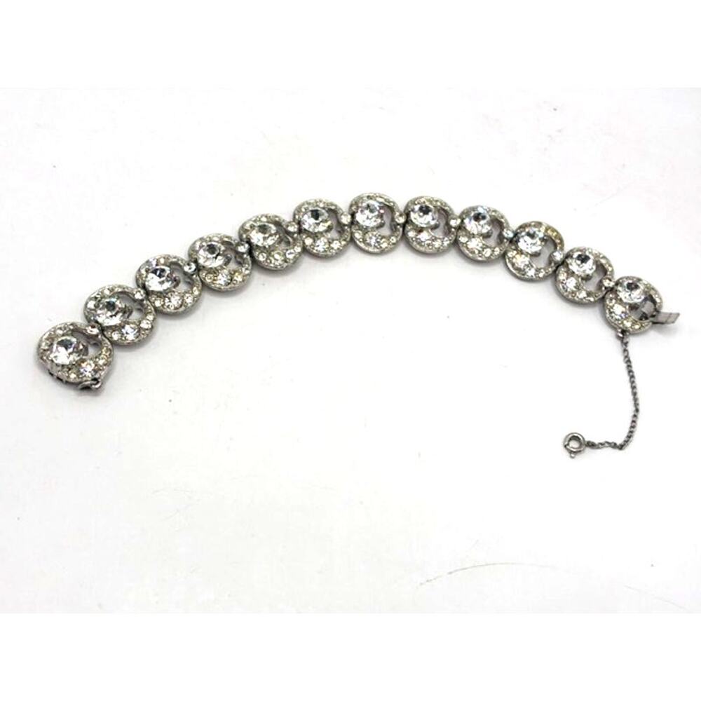 Vintage Bogoff Clear Rhinestone Swirl Bracelet Rhodium Plated Signed 1950s